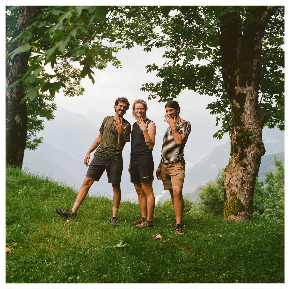 Three friends sharing a moment under the trees in the mountains